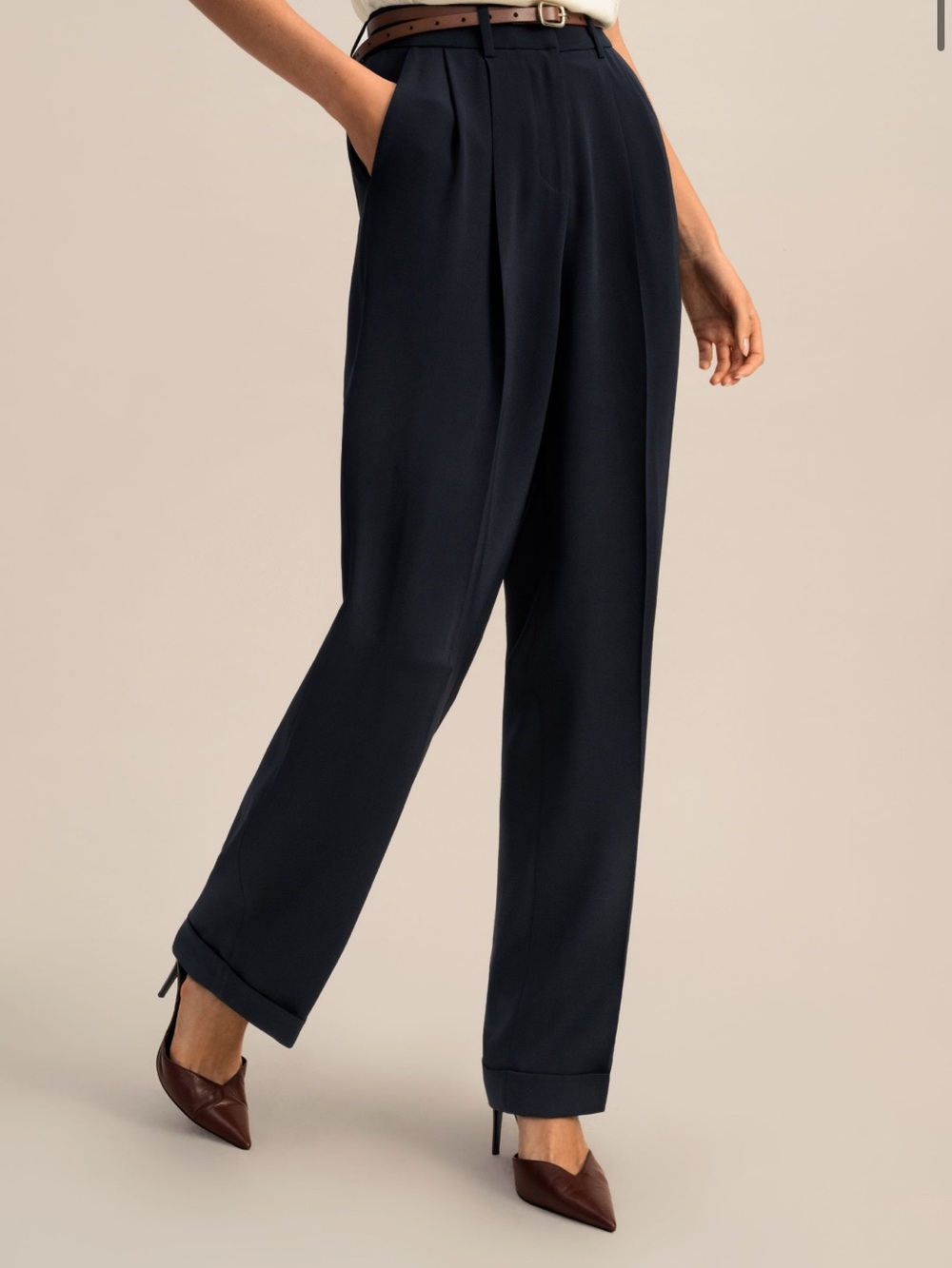 Lilysilk Timeless Pleated Wide-Leg Dense Silk Trousers midnight blue size 6